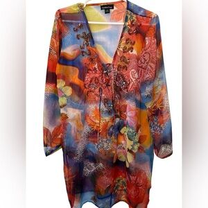 Fashion Fuse Orange and Blue Graphic Tie Front Blouse Beach Coverup Sheer